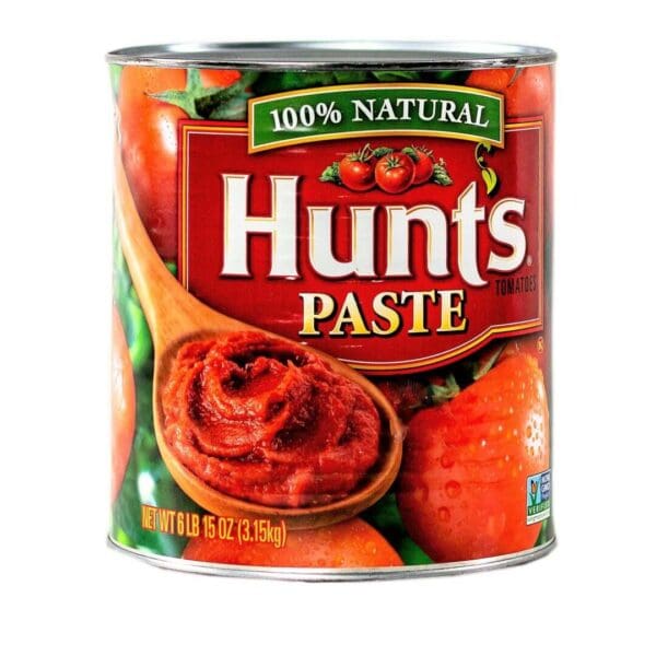 A can of paste is shown with tomatoes.