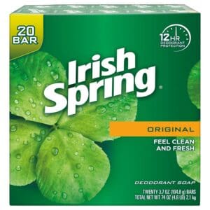A box of irish spring soap with green leaves.