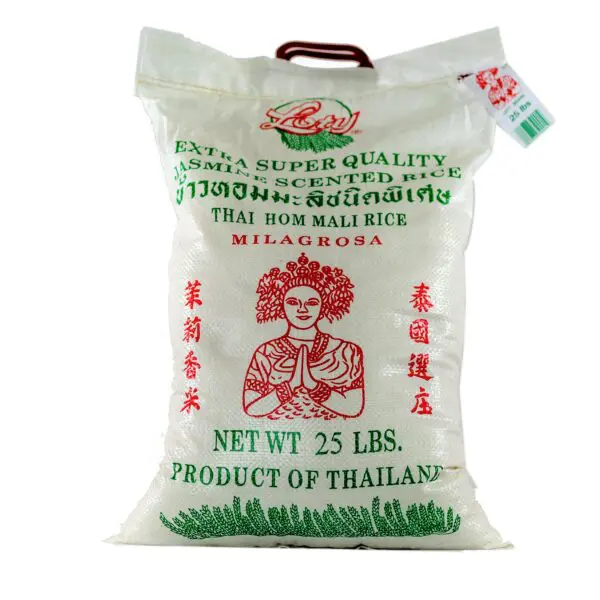 A bag of rice is shown with the word " thai " written on it.