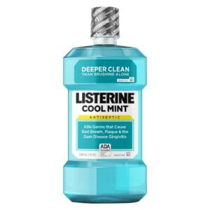 A bottle of listerine cool mint mouthwash.