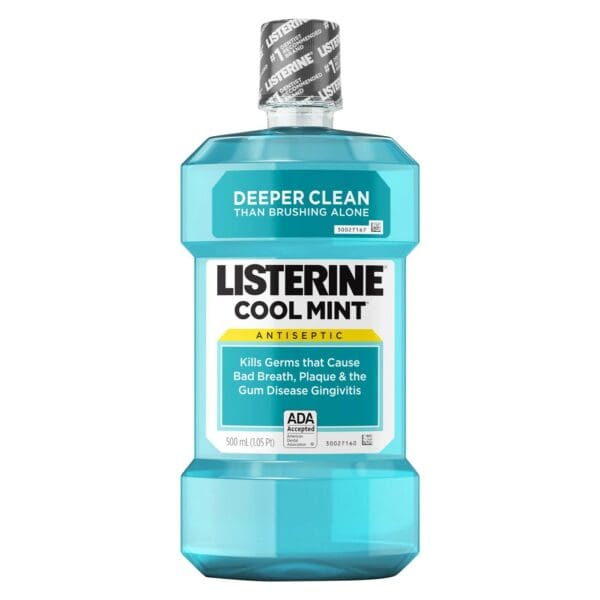 A bottle of listerine cool mint mouthwash.