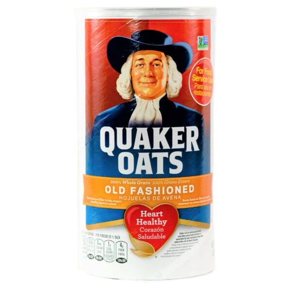 A can of quaker oats is shown in this image.