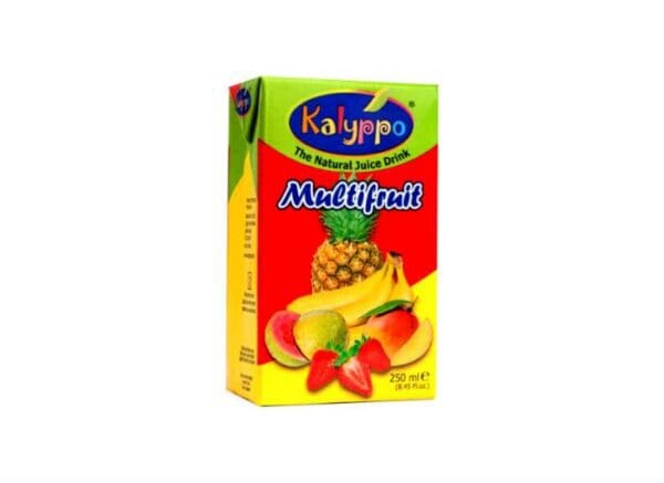 A box of fruit juice drink with strawberries, pineapple and mango.