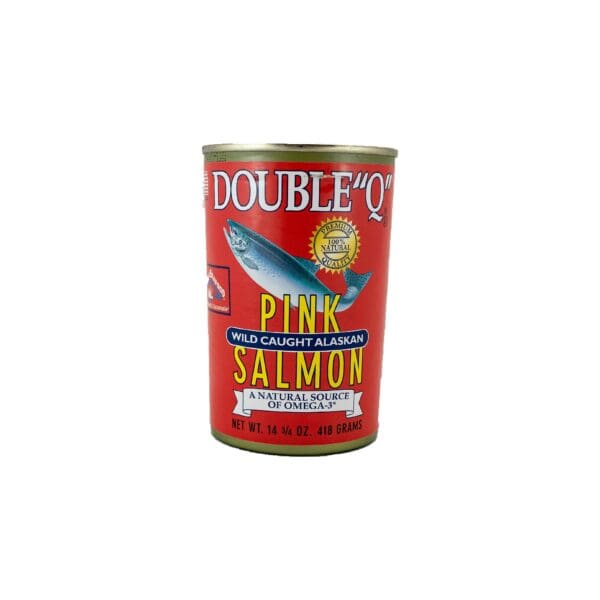 A can of pink salmon is shown on a white background.