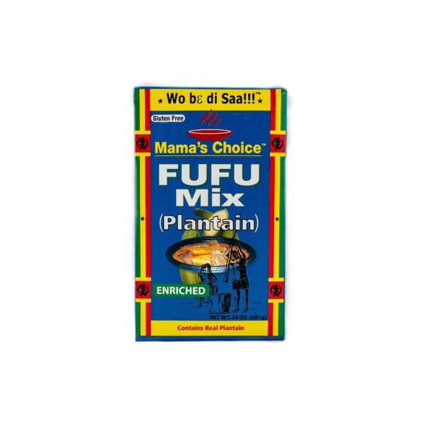 A box of fufu mix is shown on top of a white background.