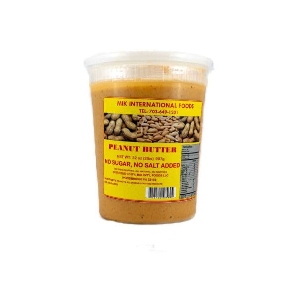 A container of peanut butter is shown.