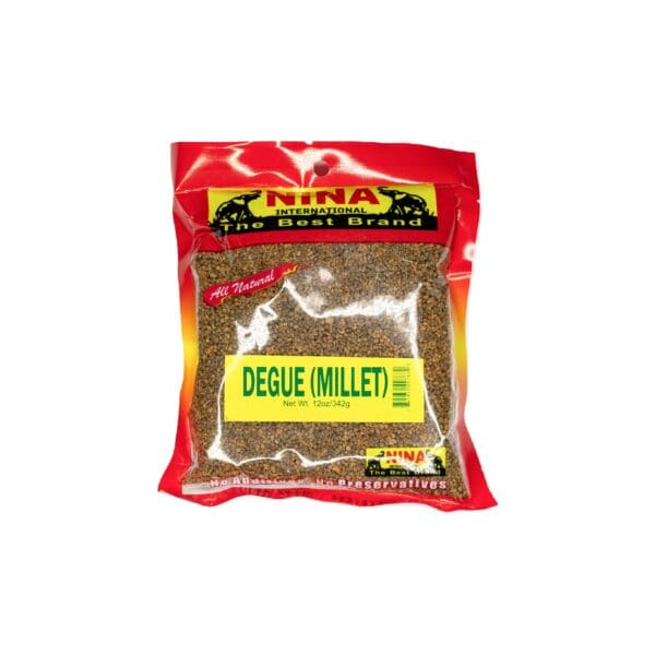 A bag of ground meat with the name of degue ( millet ) on it.