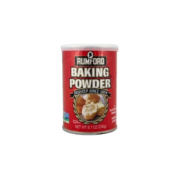 A can of baking powder is shown.