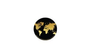 A black and gold globe on top of a white background.