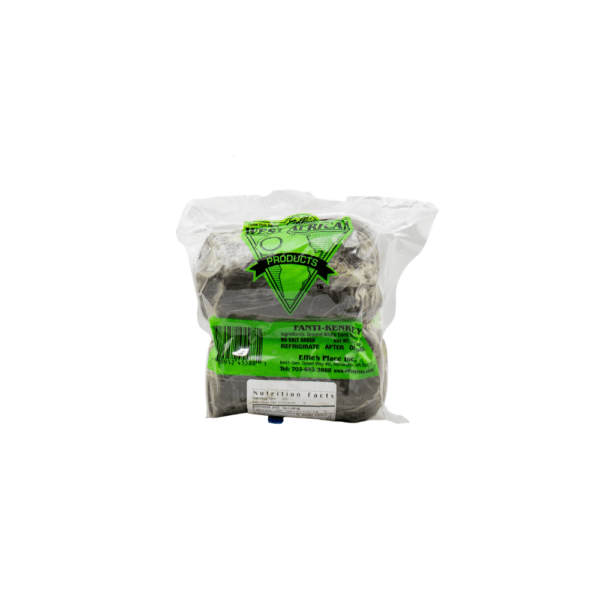 A bag of food with green and white packaging.