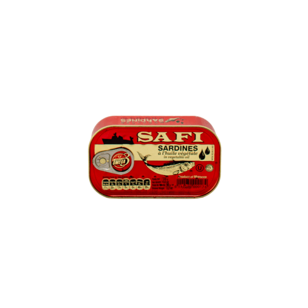 A red tin of sardines with the word " safi " written on it.