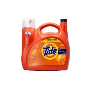A gallon of tide detergent sitting on top of a table.