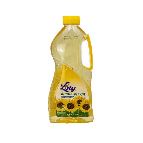 A bottle of sunflower oil with sunflowers on it.