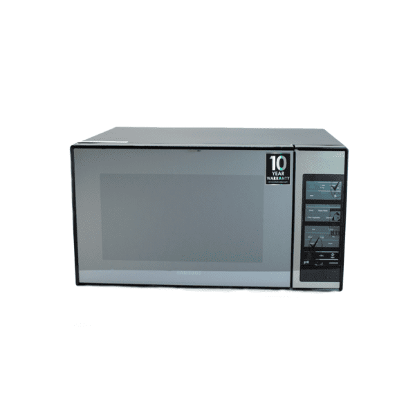 A microwave oven with the door open.
