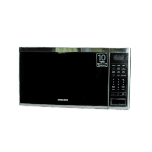 A microwave oven with the door open.