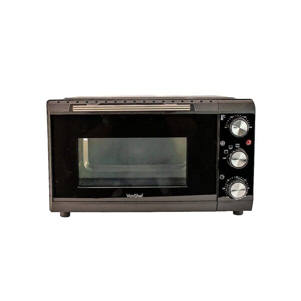 A black toaster oven with the door open.
