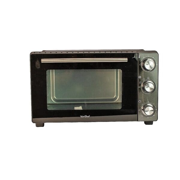 A black toaster oven with the door open.