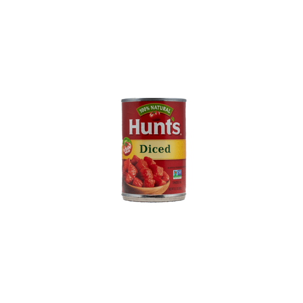 A can of diced tomatoes on top of a white table.